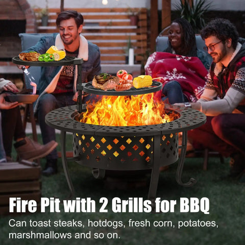 Friends enjoying a 36 Inch Outdoor Fire Pit Table With Lid And Poker, Includes Two Grills For Backyard BBQ at a patio gathering.