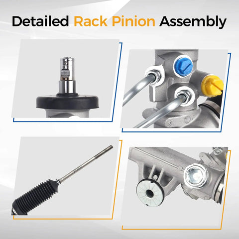 Detailed views of Power Steering Rack And Pinion Assembly for 1999 to 2006 Chevy Silverado 1500 and 2007 Classic, 1999 to 2006 GMC Sierra 1500 and 2007 Classic.