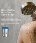 Woman in shower illustrating Replacement Cartridge For Whole Home Duo System With Advanced 2 Stage Citrus Filtered Salt Free Water Filter System Includes Water Softener And Carbon Filter For Healthy Pure Water And No More Hard Water In Large Homes With Easy Install.