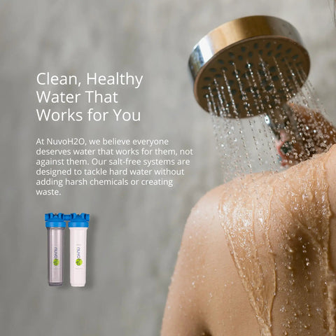 Woman in shower illustrating Replacement Cartridge For Whole Home Duo System With Advanced 2 Stage Citrus Filtered Salt Free Water Filter System Includes Water Softener And Carbon Filter For Healthy Pure Water And No More Hard Water In Large Homes With Easy Install.