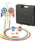 Pro Grade 3 Way Manifold Gauge Set For R134A R12 R22 R502 With Case, All In One Freon Charging Kit Includes Color Coded Hoses, Quick Couplers, Puncturing Tap, 410 Adapter, Valve Core Tool, And Durable Storage Case.