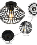 Black Flush Mount Ceiling Light With Dope Metal Cage Design And Industrial Vibe for hallways, kitchens, porches, and more