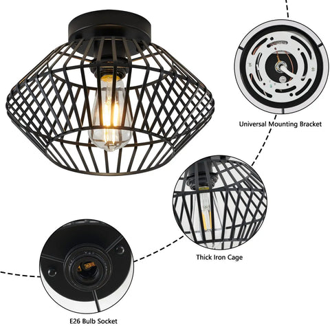 Black Flush Mount Ceiling Light With Dope Metal Cage Design And Industrial Vibe for hallways, kitchens, porches, and more