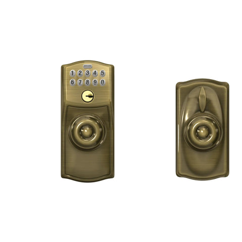 Camelot Keypad Lock With Knob, Keyless Door Entry And Electronic Lock, Flex Lock Auto Lock Option, Antique Brass Finish, FE595 CAM 609 GEO