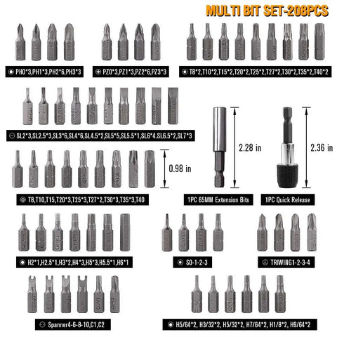 208 Piece Screwdriver Bit Set With Security Bits, Chrome Vanadium Steel, shown with quick release extension and magnetic holder