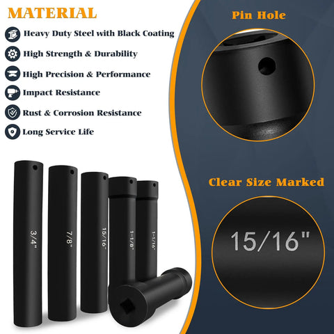 Extended Length 1/2 Inch Drive Impact Socket Set With Extra Deep Sockets Heavy Duty Steel 6-Piece showing pin hole and size markings