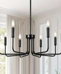 Killer 8 Light Black Chandelier With Dang Sharp Matte Finish For Farmhouse Dining Room And Kitchen Island, adjustable height.