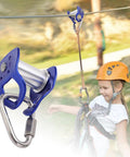 Heavy Duty Zip Line Trolley With Quick Setup Rope Slider for outdoor play, shown installed with child riding, durable and safe.