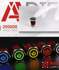 16mm Beefy Latching Push Button Switch With 12V LED Ring, shown in six colors with durability and lamp life details
