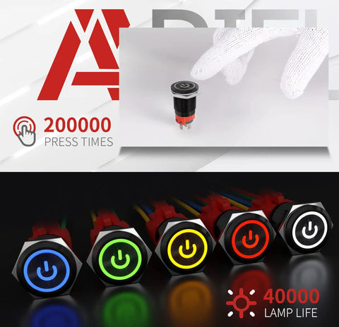 16mm Beefy Latching Push Button Switch With 12V LED Ring, shown in six colors with durability and lamp life details