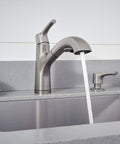 Parkwood Single Handle Pullout Kitchen Faucet With Dual Sprayer Aerated Stream Or Spray Stainless Finish ADA Compliant 120 Degree Swivel Spout Fits Single Hole Install Optional Deck Plate RP100681SS in use pouring water into sink