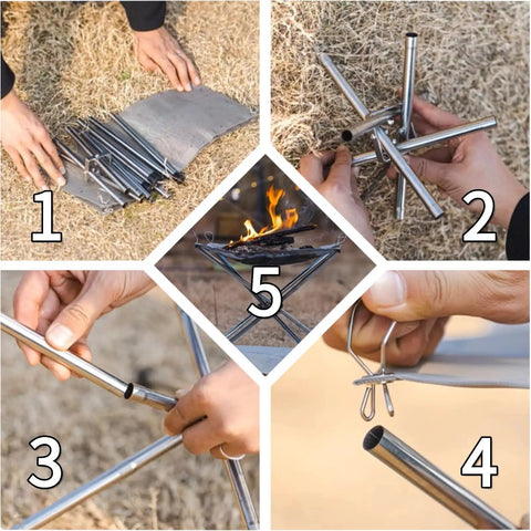Five-step assembly of 22 Inch Outdoor Folding Fire Pit For Camping And Backyard Fun, Upgraded 304 Stainless Mesh BBQ Fire Bowl With Heat Resistant Mat And Carrying Bag.