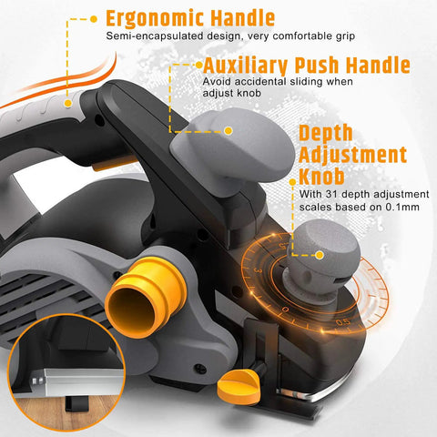 Beefy Seven Point Five Amp Corded Electric Planer With 16500 RPM featuring ergonomic handles and depth adjustment knob