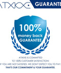 Blue shield with "100% money back guarantee" text and laurel wreath design.