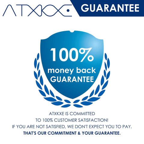 Blue shield with "100% money back guarantee" text and laurel wreath design.