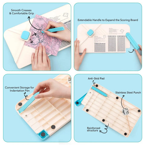 No Stress 3 In 1 Envelope Punch Board And Gift Box Maker For DIY Scrapbooking showing scoring tool and features.