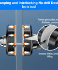 Frameless Glass Door Lock With Grip Tight Clamp Design, Zero Drill Install Required, 304 Stainless Steel, Brushed Black Finish close-up showing installation features.