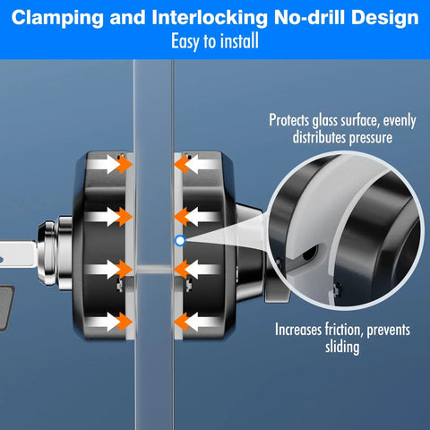 Frameless Glass Door Lock With Grip Tight Clamp Design, Zero Drill Install Required, 304 Stainless Steel, Brushed Black Finish close-up showing installation features.