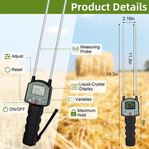 Portable Hay Moisture Tester With Backlit Large Screen, Dead-On 0.5% Accuracy, Fast Readings From 0 To 80% Moisture, Handy Probe For Forage Like Alfalfa, Orchard Grass, And Bales, 19.3in probe