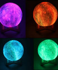 7.0 Inch Moon Lamp Night Light With 16 Color LED, 3D Printed Moon Surface displaying various colors on wooden stand