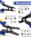 Close-up of DIY Wire Stripper Tools Set 10 To 20 AWG Three Piece Set with parameters and specifications for each tool visible.