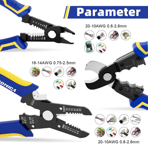 Close-up of DIY Wire Stripper Tools Set 10 To 20 AWG Three Piece Set with parameters and specifications for each tool visible.