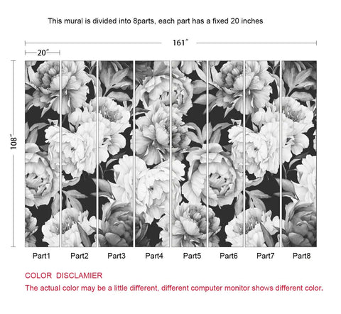 Black And White Peonies Watercolor Floral Mural Wallpaper For Bedroom And Living Room Not Peel And Stick Requires Paste Fleece Backed