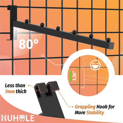 10 Pack Gridwall Waterfall Hooks With 12 Inch 6 Ball Faceouts for retail display, black powder-coated on wire grid panels, close-up view.