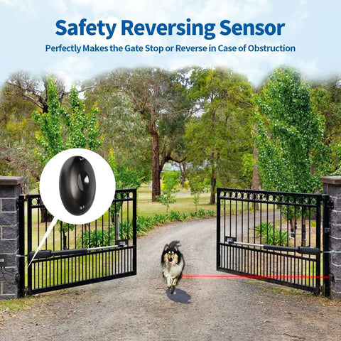 Infrared Photo Eye Beam Sensor For Auto Gate Openers And Garage Doors Built For Real World Use, installed on an iron gate with a dog.