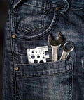 Two Piece Stainless Steel Screw And Bolt Caliper Set With Precision Thread And Diameter Gauge M1 To M12 in denim pocket with tools