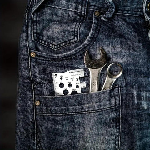 Two Piece Stainless Steel Screw And Bolt Caliper Set With Precision Thread And Diameter Gauge M1 To M12 in denim pocket with tools