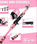 Kids Fishing Pole With Spincast Reel Telescopic Rod Full Gear Kit Pink 150cm Easy Cast Travel Bag Tackle Included features