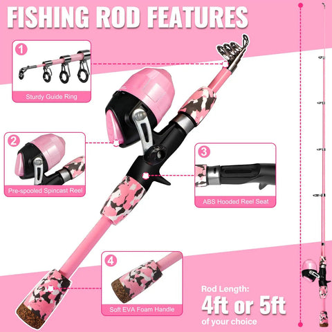 Kids Fishing Pole With Spincast Reel Telescopic Rod Full Gear Kit Pink 150cm Easy Cast Travel Bag Tackle Included features
