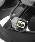 Close-up of the connector on Premium Grade Radiator And AC Condenser Cooling Fan Assembly For Ford Focus 2012 To 2018 With 2.0L Motor.