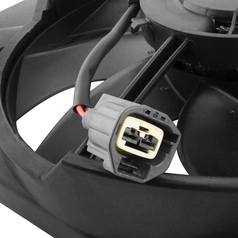 Close-up of the connector on Premium Grade Radiator And AC Condenser Cooling Fan Assembly For Ford Focus 2012 To 2018 With 2.0L Motor.
