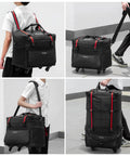 Front view of MIXI black travel bag with wheels, red compression straps, and top handles
Side view of MIXI black expandable luggage with wheels and red straps being carried
Side angle of MIXI black rolling travel bag with front pocket and red straps
Rear view of black wheeled duffel with red vertical straps and top handles