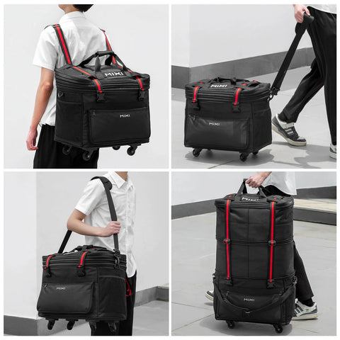 Front view of MIXI black travel bag with wheels, red compression straps, and top handles
Side view of MIXI black expandable luggage with wheels and red straps being carried
Side angle of MIXI black rolling travel bag with front pocket and red straps
Rear view of black wheeled duffel with red vertical straps and top handles