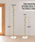 Freestanding Metal Coat Rack With 8 Hooks, Space Saving Hall Tree, adjustable sizes in gold finish for compact storage.