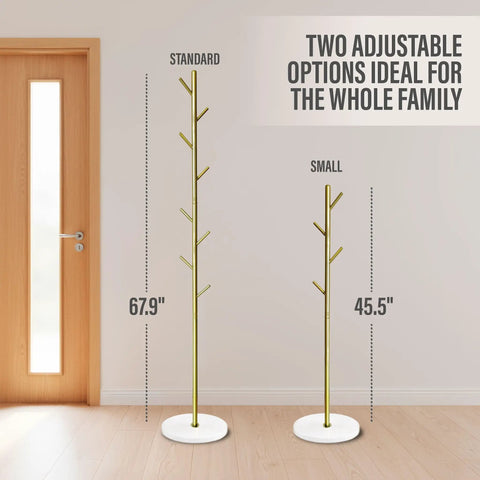 Freestanding Metal Coat Rack With 8 Hooks, Space Saving Hall Tree, adjustable sizes in gold finish for compact storage.