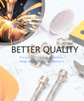 Manufacturing tools and blueprints with text overlay about meticulous quality improvements in industrial design.