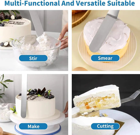 All In One Cake Decorating Starter Kit With Non Slip Turntable Leveler And 82 Piece Baking Gear Including Piping Tips Icing Bags Spatulas Scrapers Fondant Tools For Cupcakes And Cookies in use for stirring, smearing, making, and cutting cakes.
