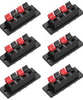 Six-piece set of Four Way Spring Terminal Clip Push Release Connector Plate For Speakers with red black color coding.