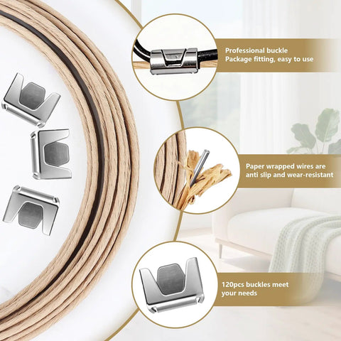Heavy Duty Upholstery Stay Wire And Sofa Spring Repair Kit With 120 Sturdy Clips For No Sweat Couch Fixes 50 Feet Paper Wrapped Wire with metal clips and wire display.