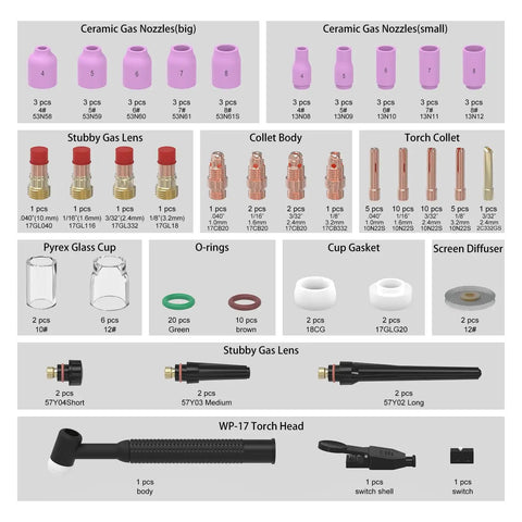 123 Piece TIG Welding Torch Kit With Alumina Nozzles Collets Stubby Gas Lens Heatproof Glass Cup And Consumables For WP17 WP18 WP26