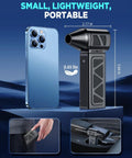 Electric Compressed Air Duster With Brushless Motor 360000 RPM Turbo Cordless Blower shown with size comparison to smartphone