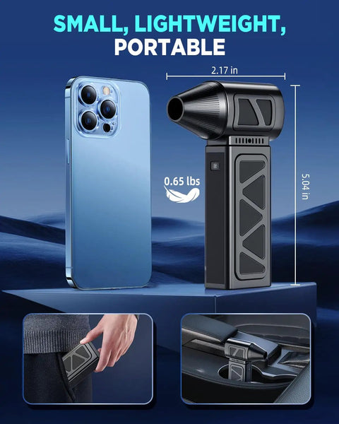 Electric Compressed Air Duster With Brushless Motor 360000 RPM Turbo Cordless Blower shown with size comparison to smartphone