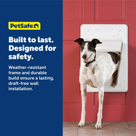 White and black dog using Electronic Pet Door Wall Conversion Kit For Large Pets Easy Install In Interior Or Exterior Walls Up To 7.25 Inches Thick Telescoping Frame Plug-and-Play Exterior Frame And Tunnel For Quick DIY Upgrade