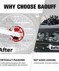 Before and after comparison of a motorcycle with Beefed Up Rear Chain Sprocket For Hawk 250 428 50T CNC 7075 Aluminum Alloy Red.