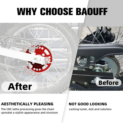 Before and after comparison of a motorcycle with Beefed Up Rear Chain Sprocket For Hawk 250 428 50T CNC 7075 Aluminum Alloy Red.