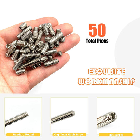 Hand holding 50-piece All In One Hex Socket Screws Set 50 Pcs Eight Size Assortment 1/4-20 Thread Cup Point Grub Screws 304 Stainless Steel